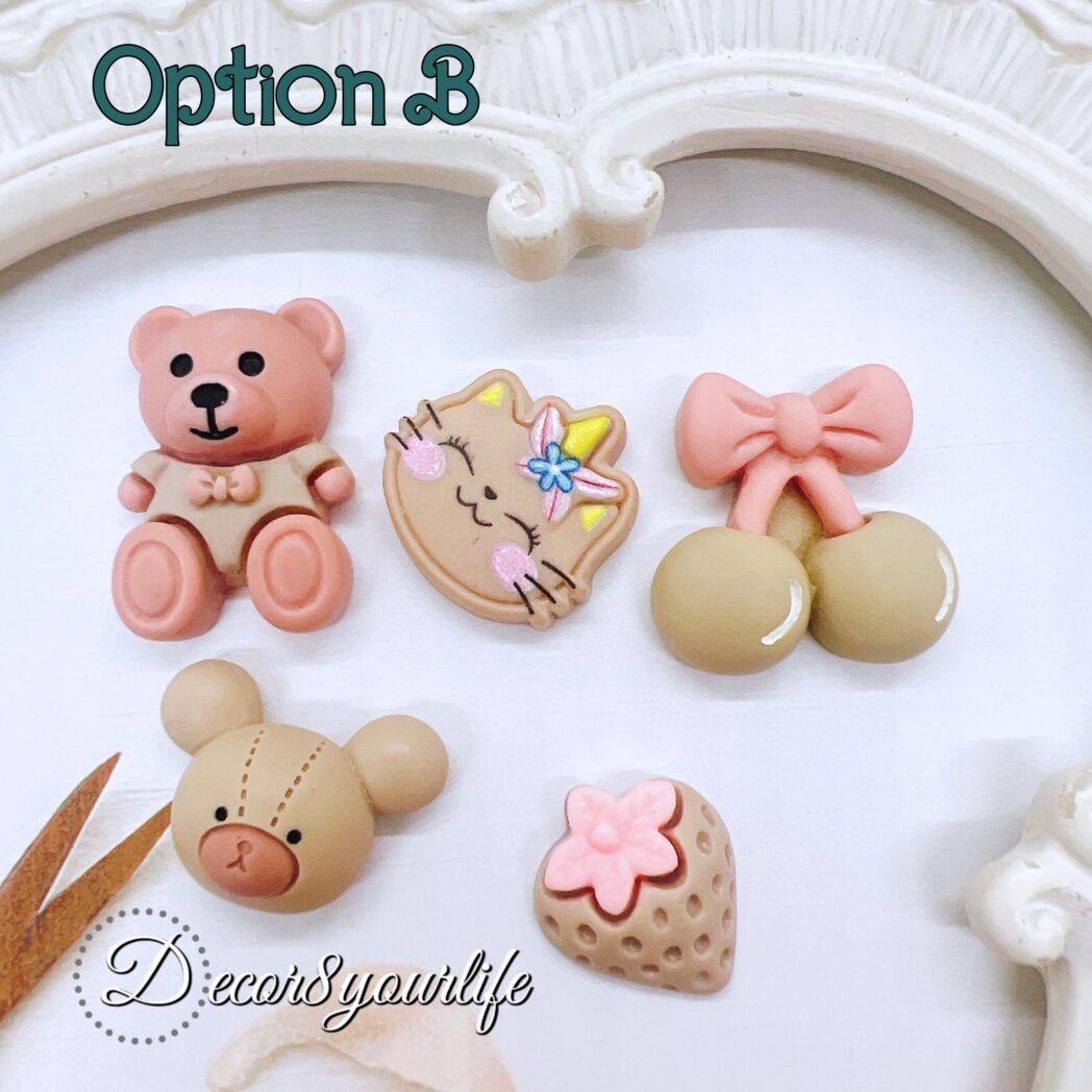 Set of 5 pastel brown kawaii flat-back cabochons for DIY crafts.