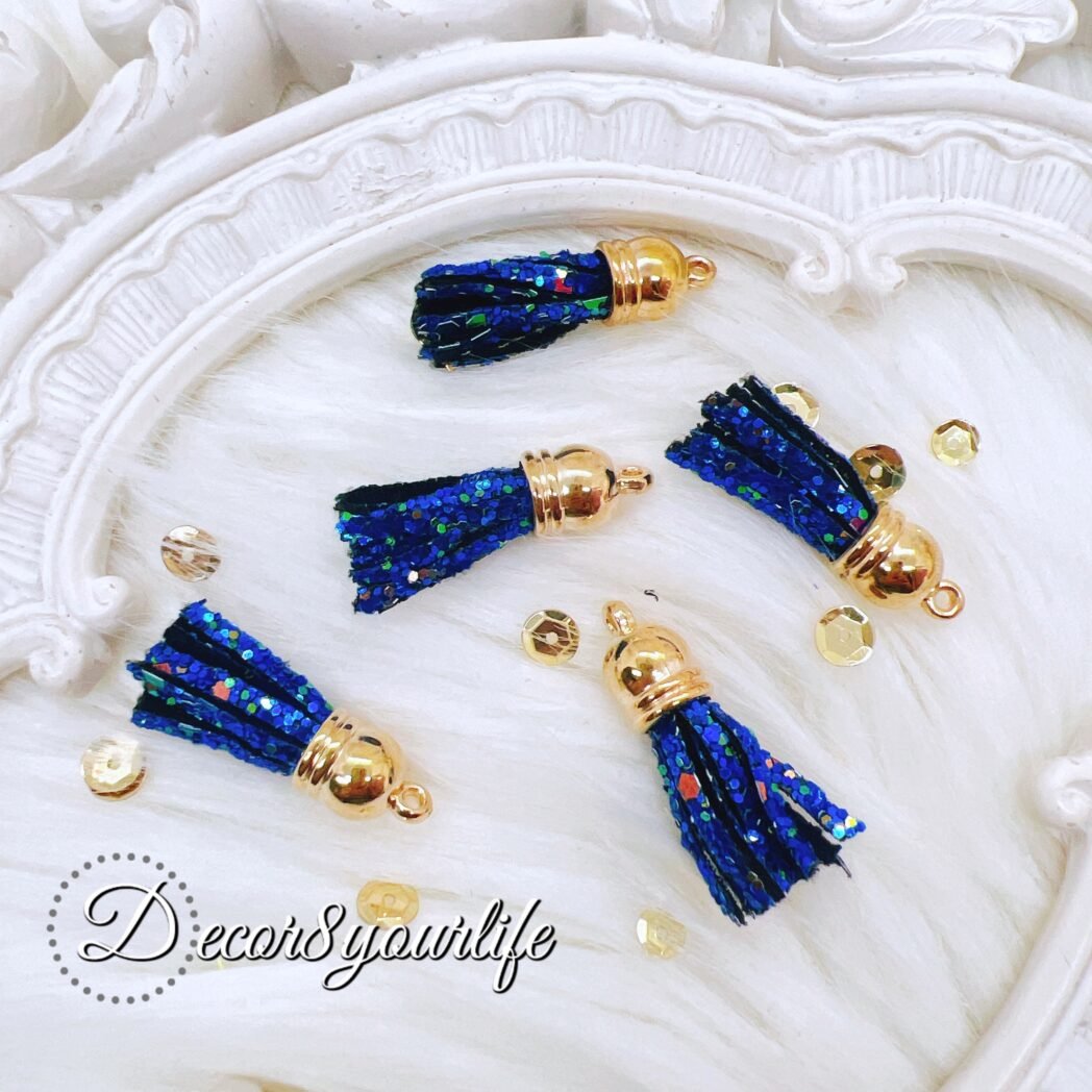 Mini sequin tassel charms pack of five gold-cap for DIY crafts