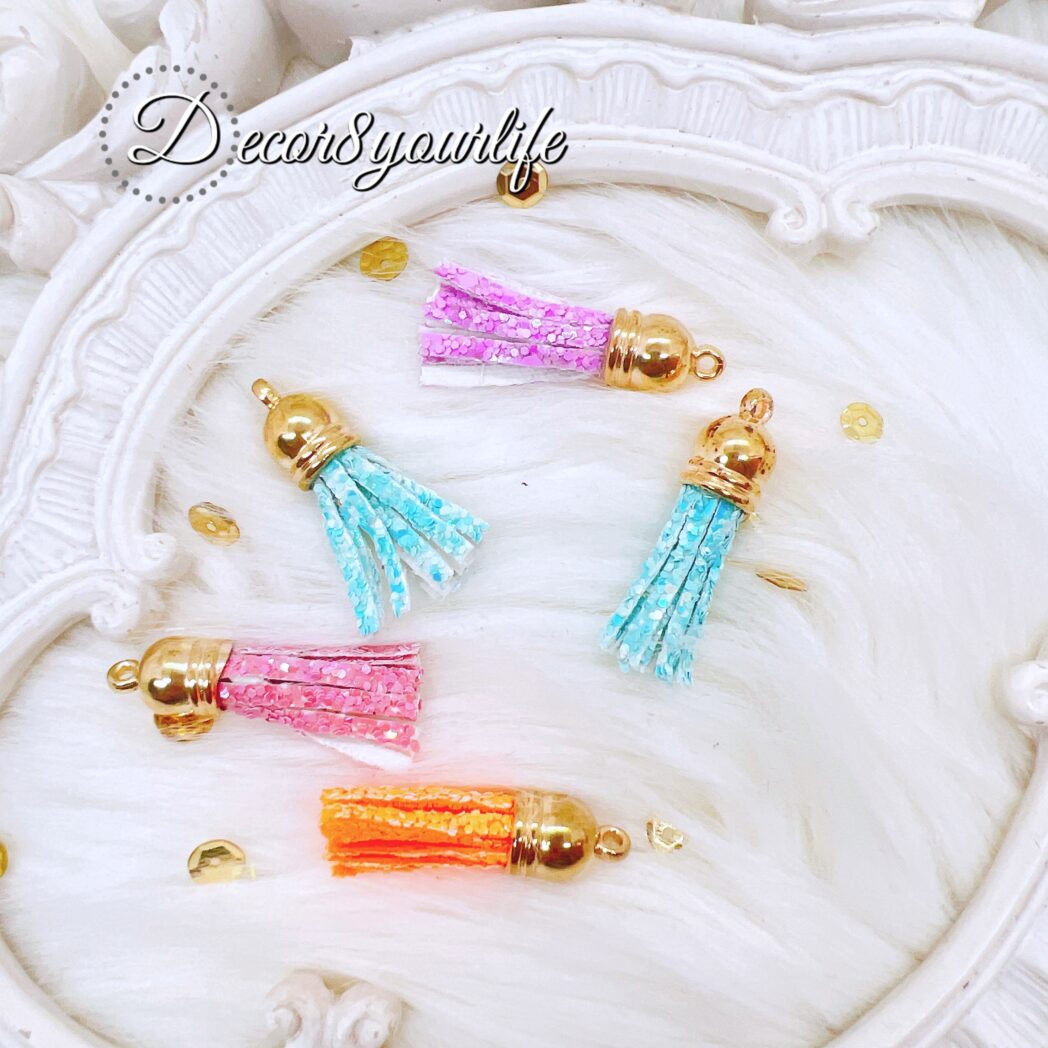 Mini sequin tassel charms pack of five gold-cap for DIY crafts