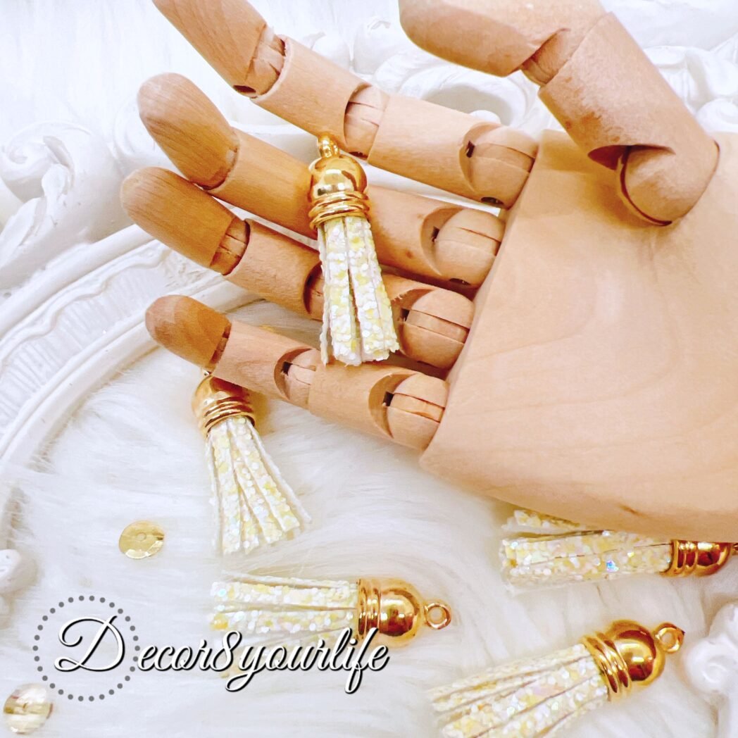 Mini sequin tassel charms pack of five gold-cap for DIY crafts