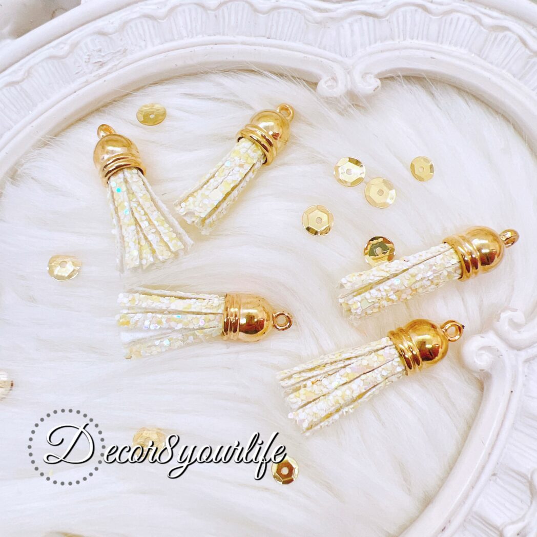 Mini sequin tassel charms pack of five gold-cap for DIY crafts