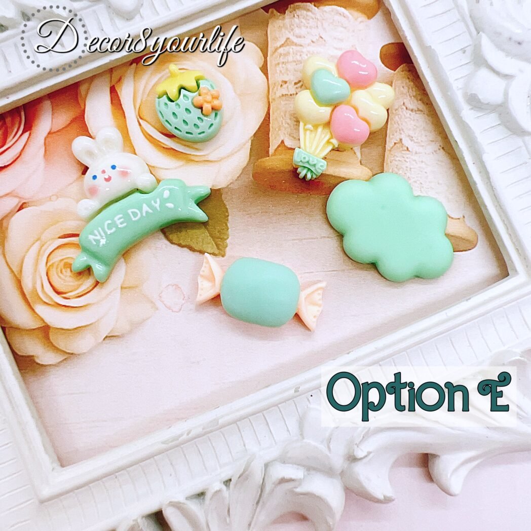 Candy green kawaii cabochons for your DIY crafts. Set of 5 cute flat-back embellishments can be used in a number of crafts. Use them in hair bows, scrapbooks, mini album and journal covers, chunky charms, jewelry making and more.