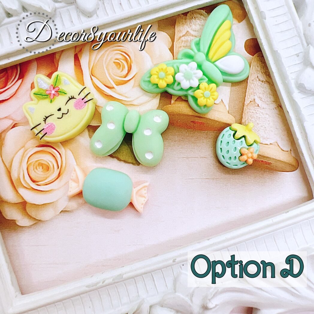 Candy green kawaii cabochons for your DIY crafts. Set of 5 cute flat-back embellishments can be used in a number of crafts. Use them in hair bows, scrapbooks, mini album and journal covers, chunky charms, jewelry making and more.