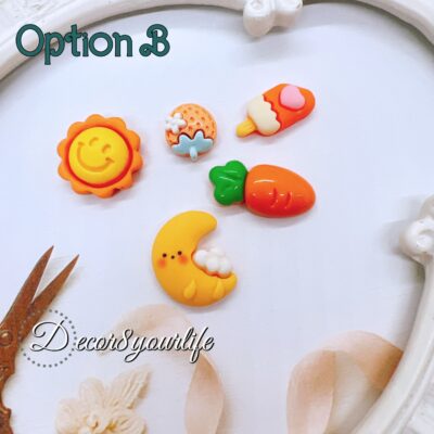 Kawaii cabochons in yellow and orange colors. These craft supplies can be used to embellish scrapbooks,mini albums,journal covers,chunky charms,DIY cards and other handmade crafts.