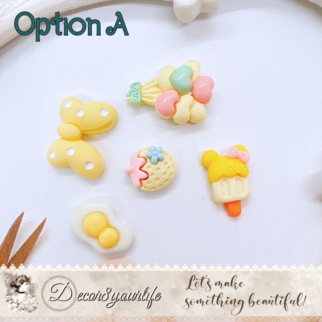 Pastel yellow, kawaii,cute cabochons for DIY crafts. Use these flat-back embellishment pieces on your scrapbooks, mini albums, journals, card making projects, bows and more.