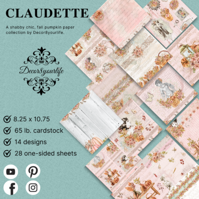Shabby chic scrapbook paper featuring fall pumpkins. Perfect for handmade DIY craft projects like mini albums, junk journals, card making, party invitations, scrapbook layouts and more.