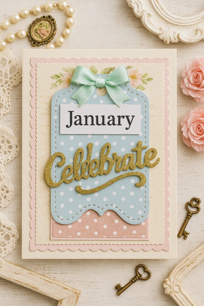 Vintage style handmade January birthday card with a blue polka dot tag and gold Celebrate die cut, surrounded by pearls, roses and antique keys on a shabby chic desk.