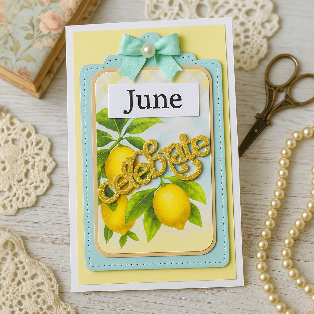 Handmade June birthday card with bright lemon artwork, layered pastel mats and gold Celebrate word, photographed on a shabby chic craft desk with lace, pearls and vintage scissors.