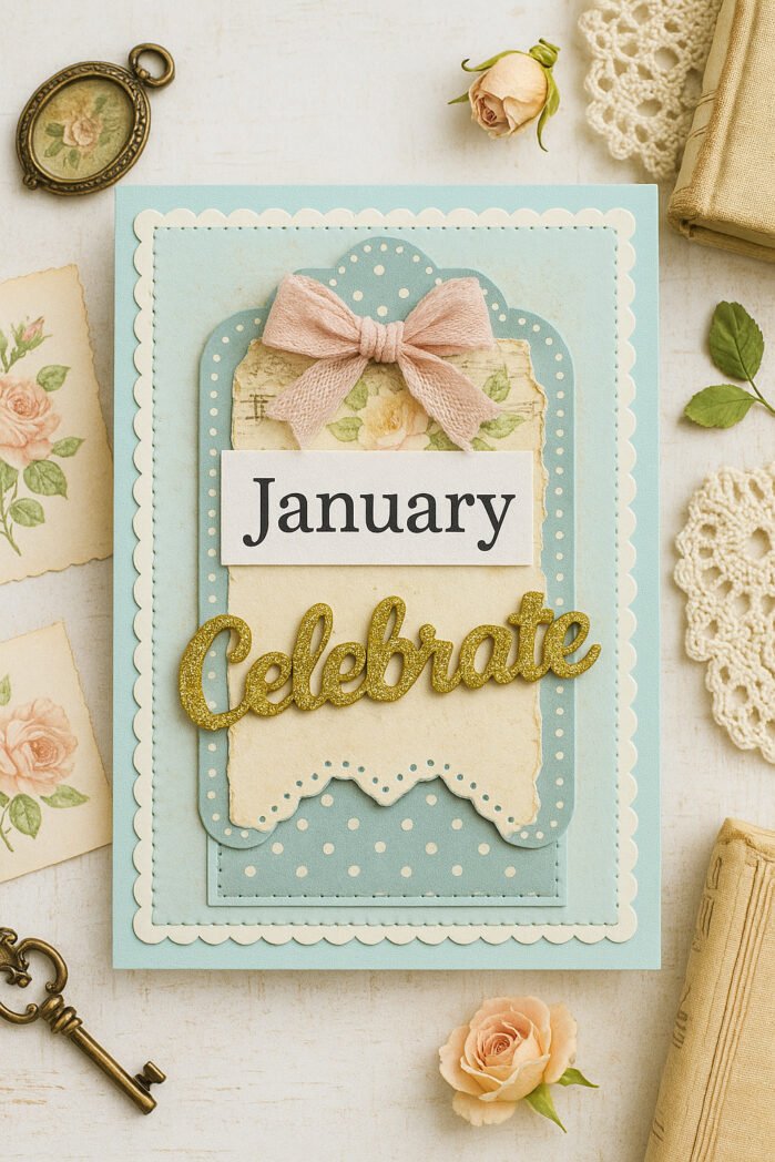 Shabby chic handmade January birthday card layered in teal and cream with a pink bow and gold Celebrate word, styled with vintage ephemera, lace and brass key.