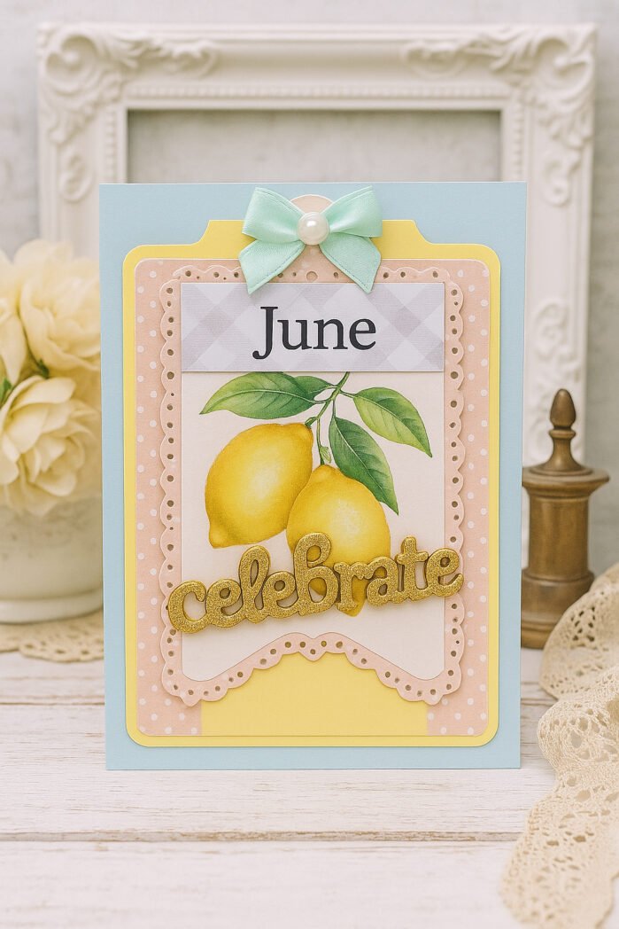 Pastel June birthday card featuring a lemon illustration, scalloped tag and gold Celebrate die cut, staged with flowers, lace and a white vintage frame.