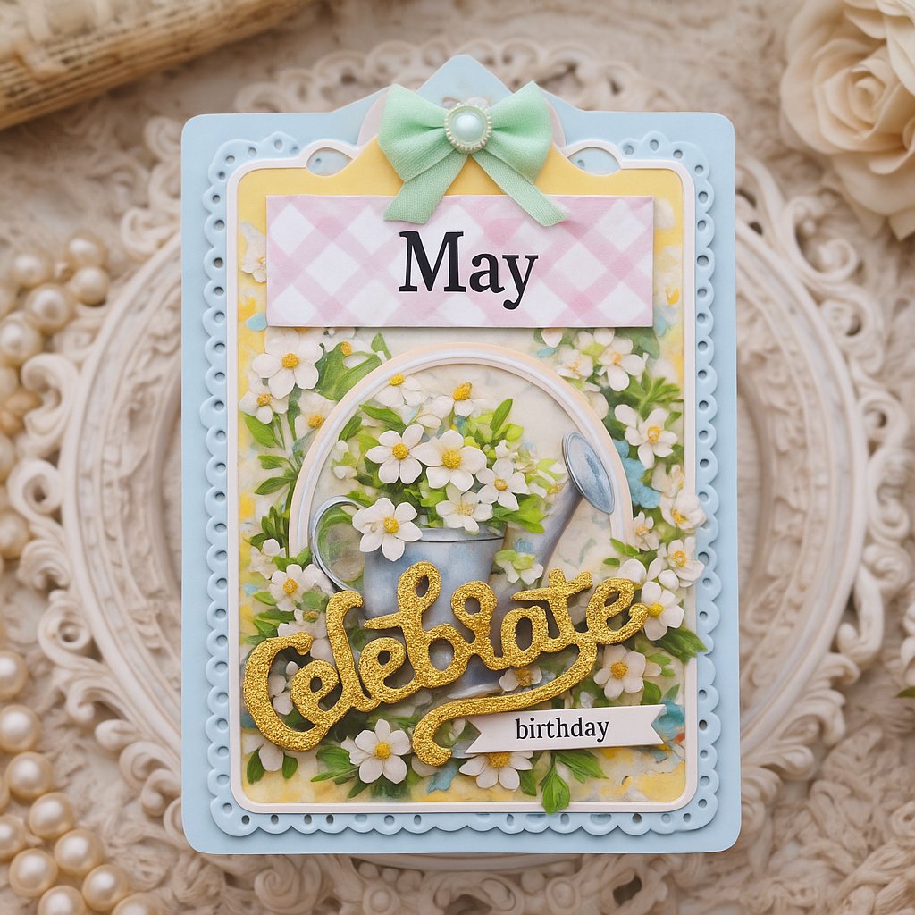 Pastel May birthday card with daisies in a watering can, mint bow, gold Celebrate sentiment and tiny birthday banner, displayed on a lacy shabby chic tray with pearls and roses.