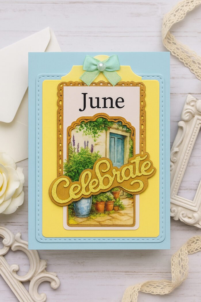 Shabby chic June birthday card with a garden doorway image, mint bow and large gold Celebrate sentiment, styled with lace, a white frame and soft floral accents.