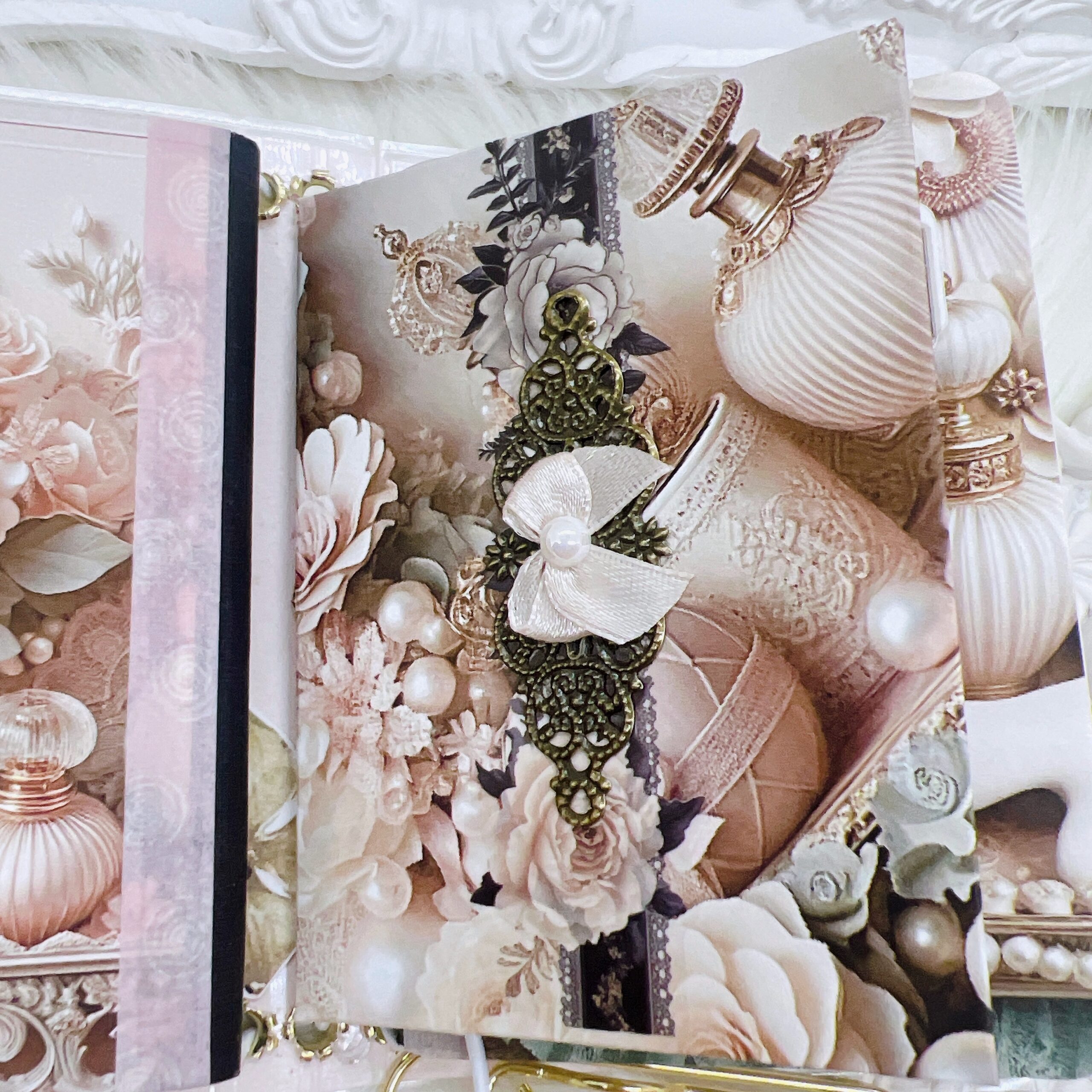 Vintage perfume bottle themed laminated traveler's notebook, blush pink, Victorian style, includes die-cut ephemera and beaded pen