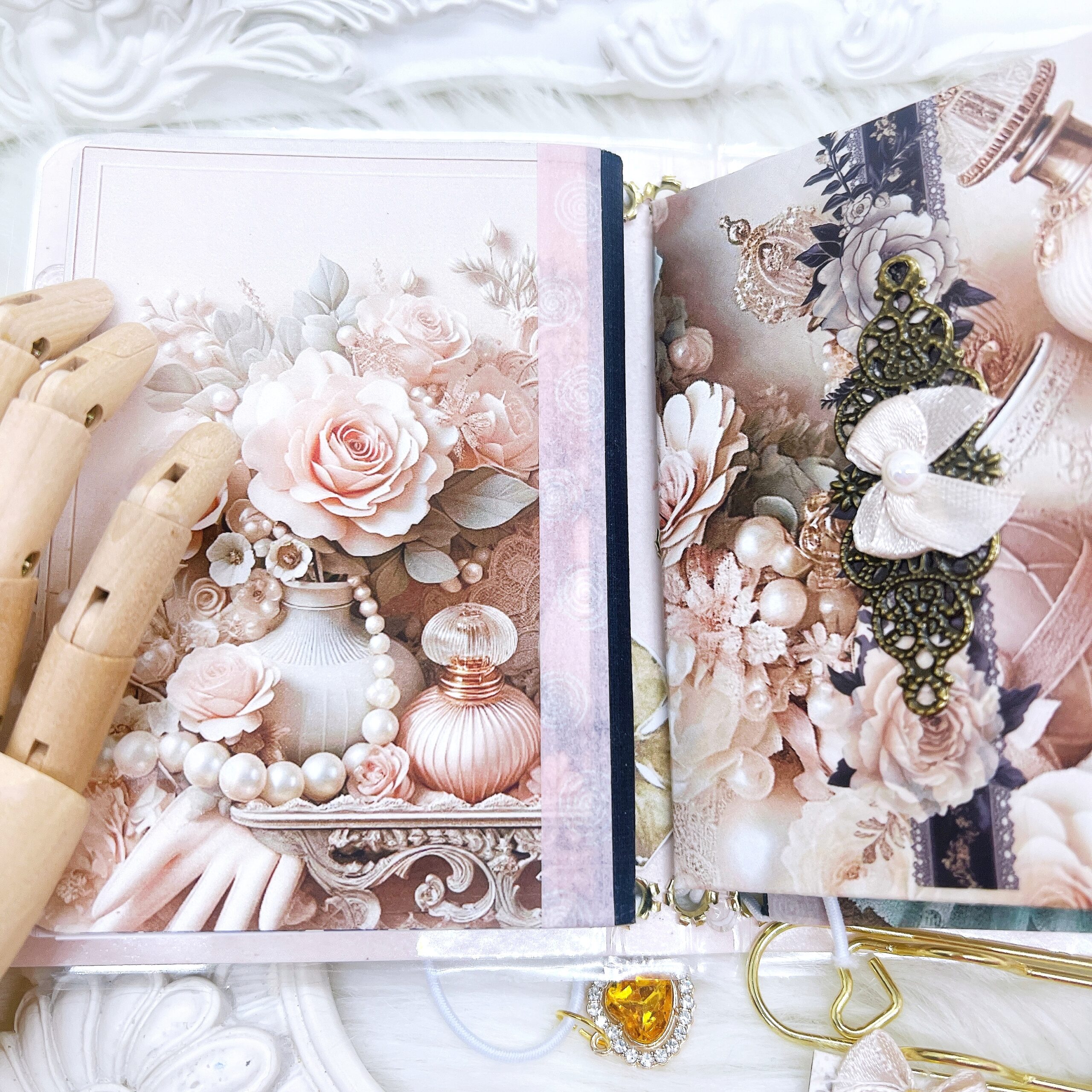 Vintage perfume bottle themed laminated traveler's notebook, blush pink, Victorian style, includes die-cut ephemera and beaded pen