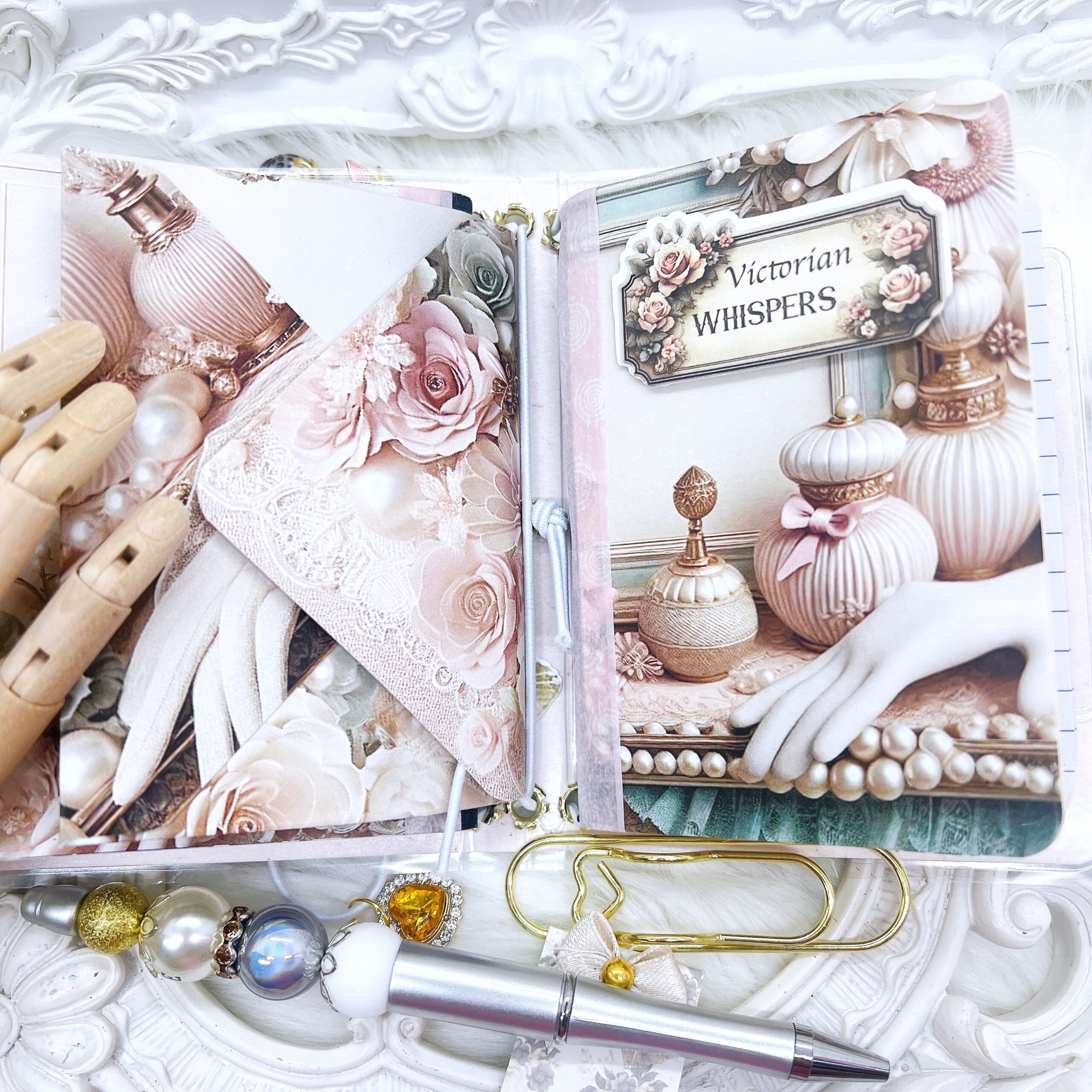 Vintage perfume bottle themed laminated traveler's notebook, blush pink, Victorian style, includes die-cut ephemera and beaded pen