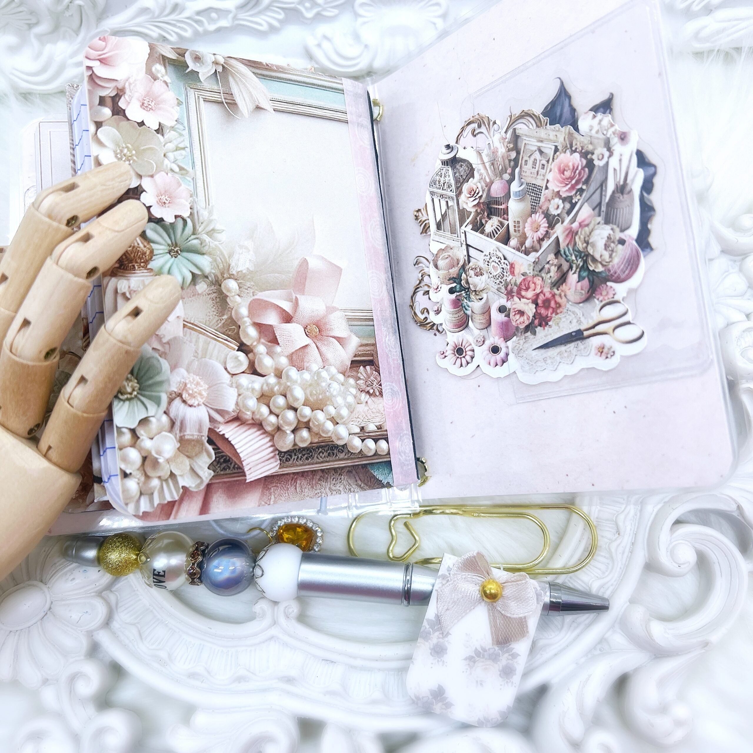 Vintage perfume bottle themed laminated traveler's notebook, blush pink, Victorian style, includes die-cut ephemera and beaded pen