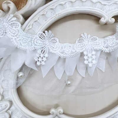 Three layer white butterfly lace trim with pearls, mesh tulle, and chiffon ruffle for journaling, sewing, and decorative crafts.