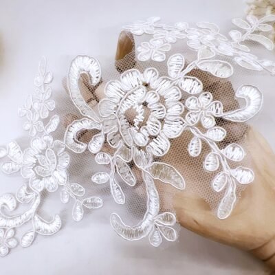 Cream embroidered lace applique pair with mirrored left and right floral design for sewing, bridal, journal, and craft embellishments.