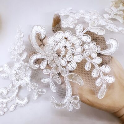 Cream embroidered lace applique pair with mirrored left and right floral design for sewing, bridal, journal, and craft embellishments.