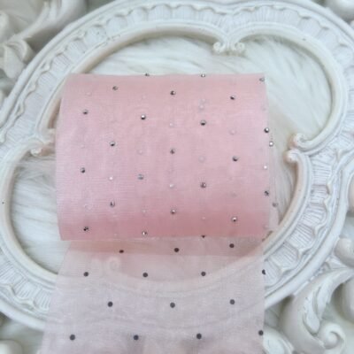 Soft pink chiffon ribbon 3 inches wide with delicate sparkly accents for high-end DIY and crafts