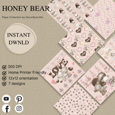 Valentine's Daya theme scrapbook paper collection "Honey Bear" designed by Sandi Nagel for Decor8yourlife.