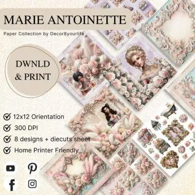marie antoinette junk journal cover, rococo portrait scrapbook paper, shabby chic floral frame printable, french royal ephemera collage, victorian lady journal page, ornate pastel frame paper, vintage paris aesthetic digital paper, romantic rose junk journal background