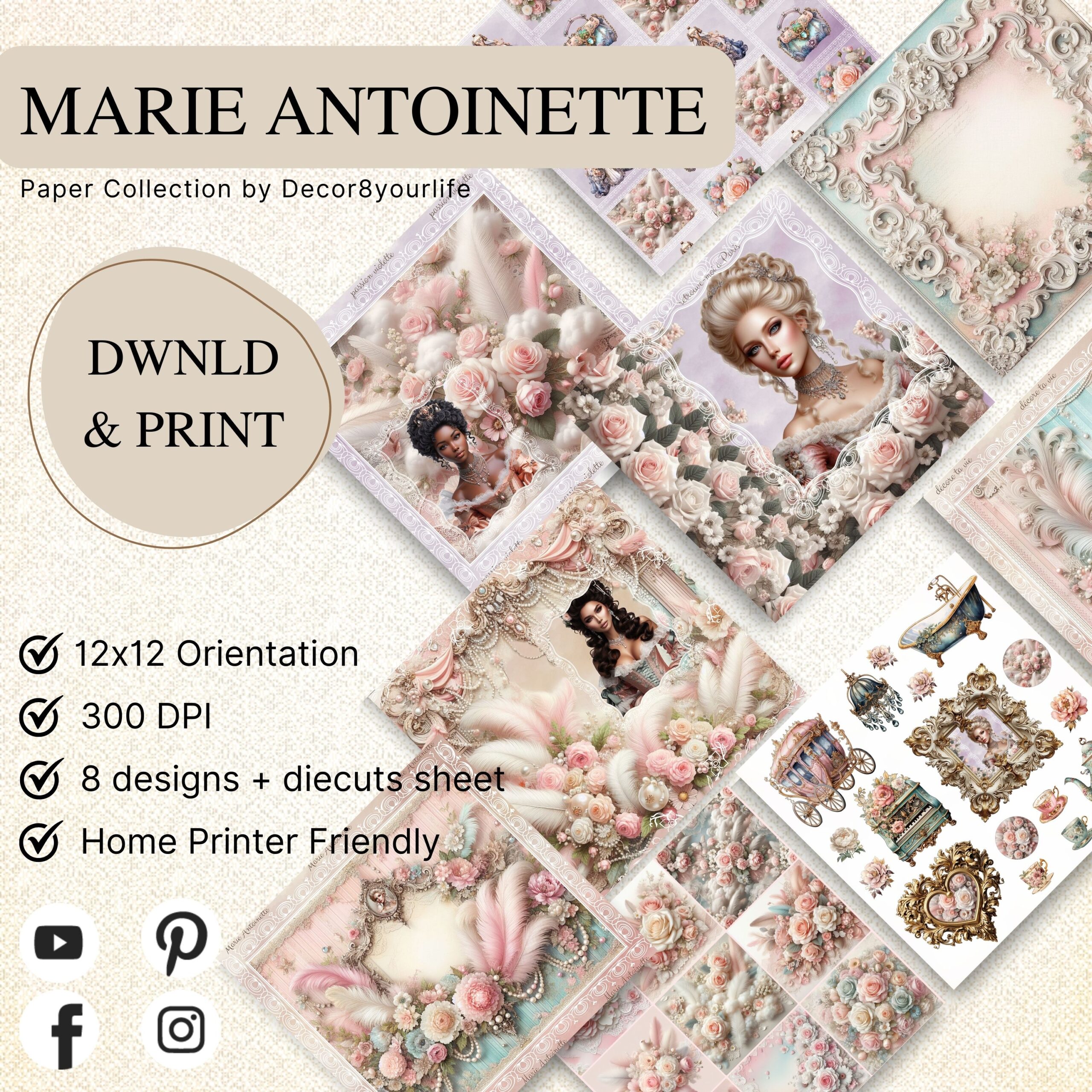 marie antoinette junk journal cover, rococo portrait scrapbook paper, shabby chic floral frame printable, french royal ephemera collage, victorian lady journal page, ornate pastel frame paper, vintage paris aesthetic digital paper, romantic rose junk journal background