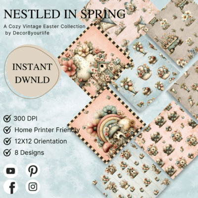 Nestled in Spring cozy vintage Easter scrapbook paper collection featuring pastel pink, blue, and taupe designs with floral baskets, eggs, birds, and whimsical spring illustrations