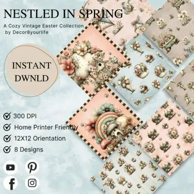 Nestled in Spring cozy vintage Easter scrapbook paper collection featuring pastel pink, blue, and taupe designs with floral baskets, eggs, birds, and whimsical spring illustrations