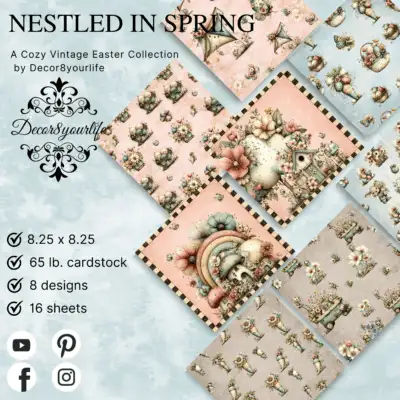 Nestled in Spring cozy vintage Easter scrapbook paper collection featuring pastel pink, blue, and taupe designs with floral baskets, eggs, birds, and whimsical spring illustrations