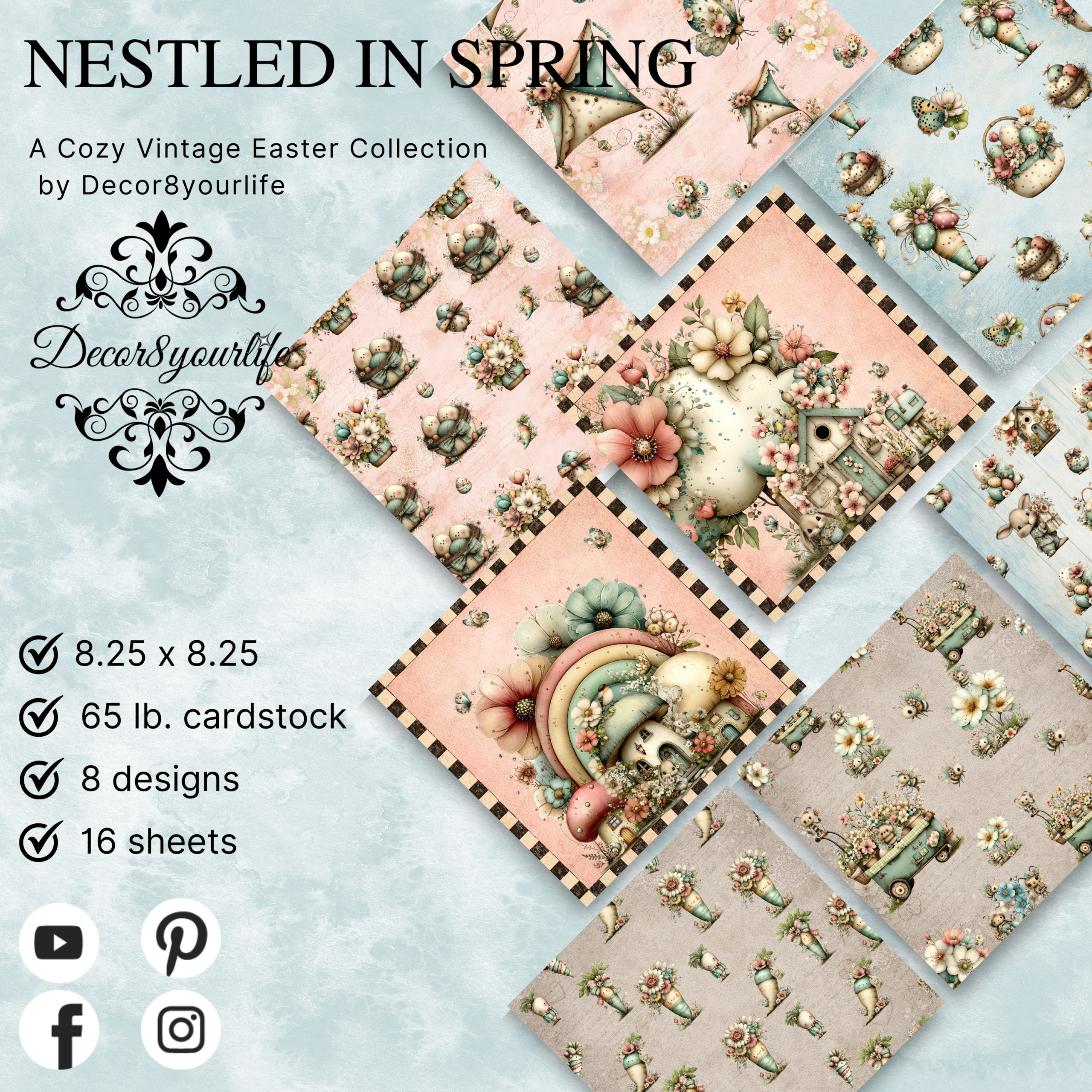 Nestled in Spring cozy vintage Easter scrapbook paper collection featuring pastel pink, blue, and taupe designs with floral baskets, eggs, birds, and whimsical spring illustrations
