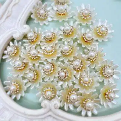 White flower cabochon embellishment with rhinestone pearl center. You may use these craft embellishments in shabby chic projects, mini albums, card making, journals, scrapbooks and diy bridal crafts.