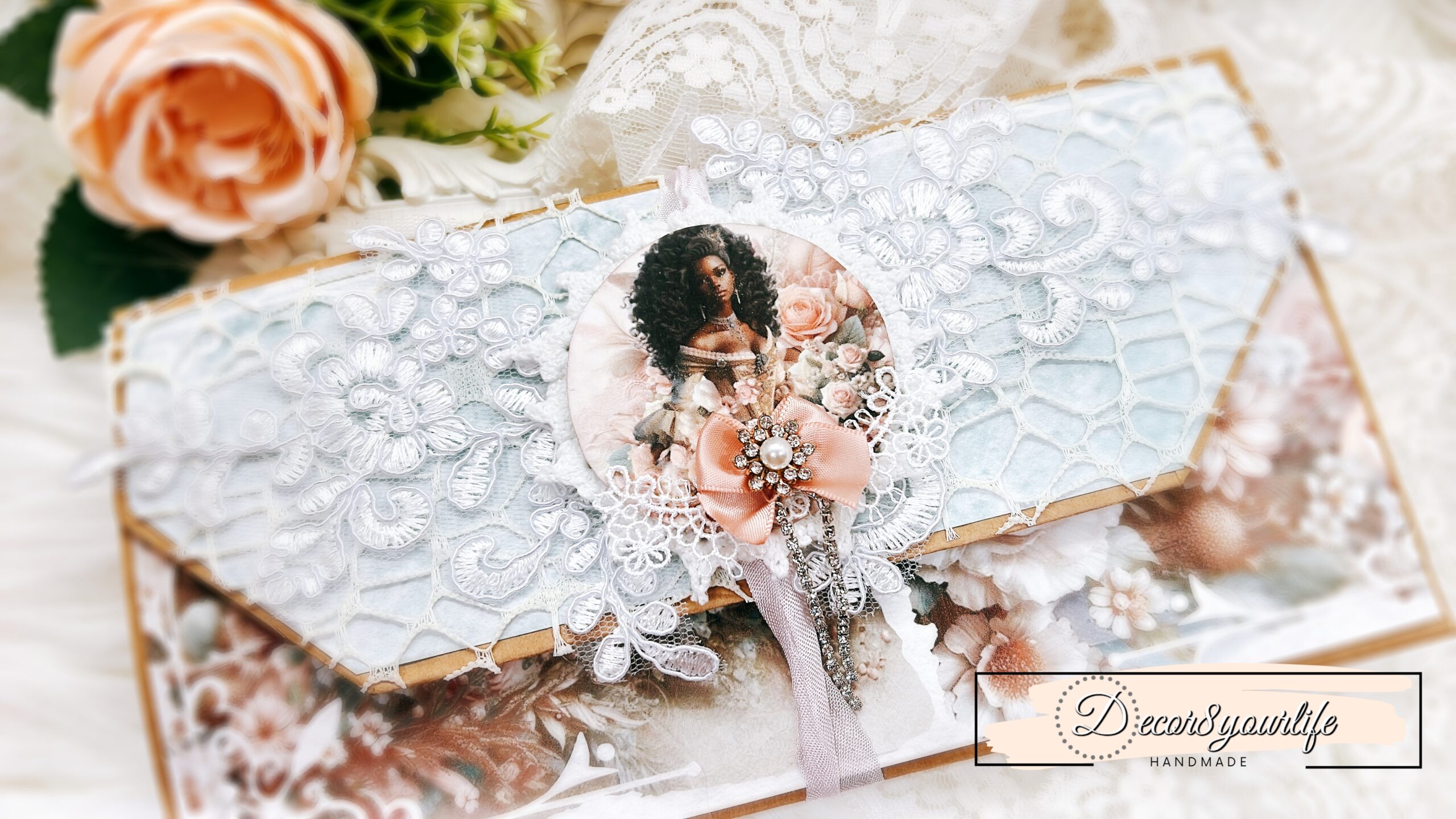 Shabby chic junk journal folio made from paper lunch bags with lace, pearls, floral ephemera, and vintage portrait focal by Decor8yourlife.