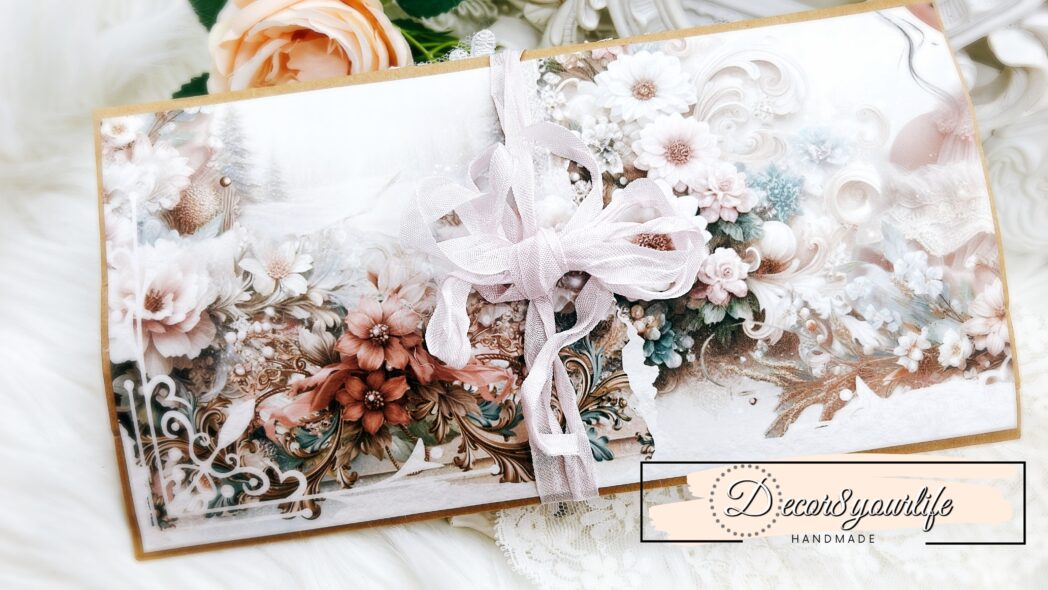 Shabby chic junk journal folio made from paper lunch bags with lace, pearls, floral ephemera, and vintage portrait focal by Decor8yourlife.