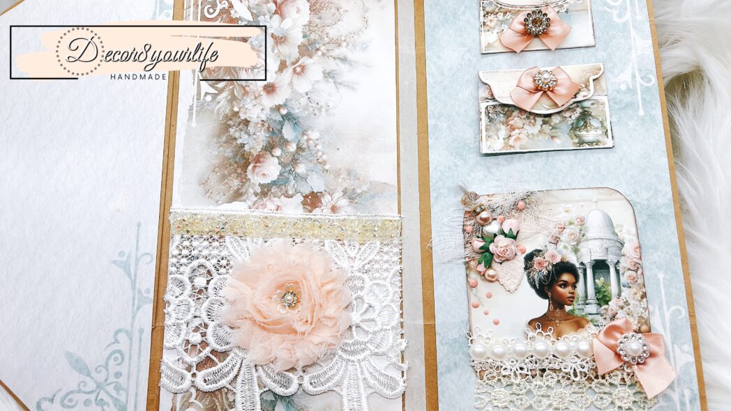Shabby chic junk journal folio made from paper lunch bags with lace, pearls, floral ephemera, and vintage portrait focal by Decor8yourlife.