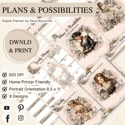 Undated digital planer. Victorian women, vintage shabby chic with elegant feminine illustrations of pink and sepia. Re-sizeable. Download and Print. Designed by Sandi Nagel for Decor8yourlife.