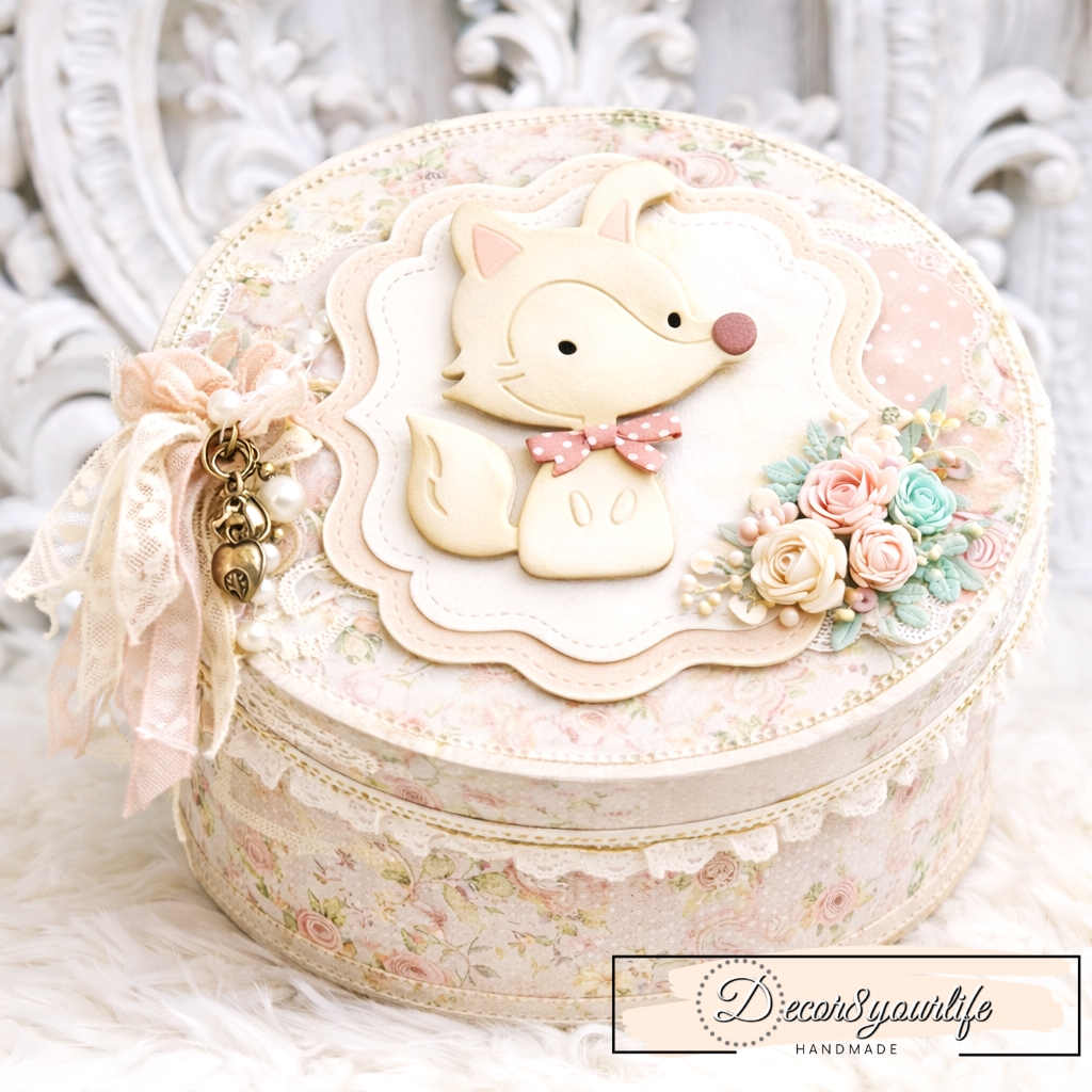 Shabby chic, handmade keepsake box, decorated with creamy pastel fox die-cut embellishment, on vintage floral scrapbook paper background