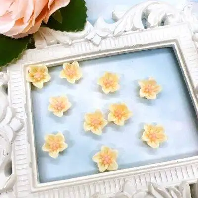 Small cream resin flower embellishments with peach centers displayed on soft blue background inside ornate white vintage frame.