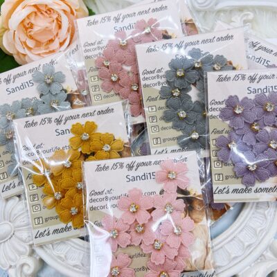 Mini fabric applique flowers with rhinestone centers for scrapbooking and card making. Sewing supplies. Journal Embellishments. Craft Embellishments.