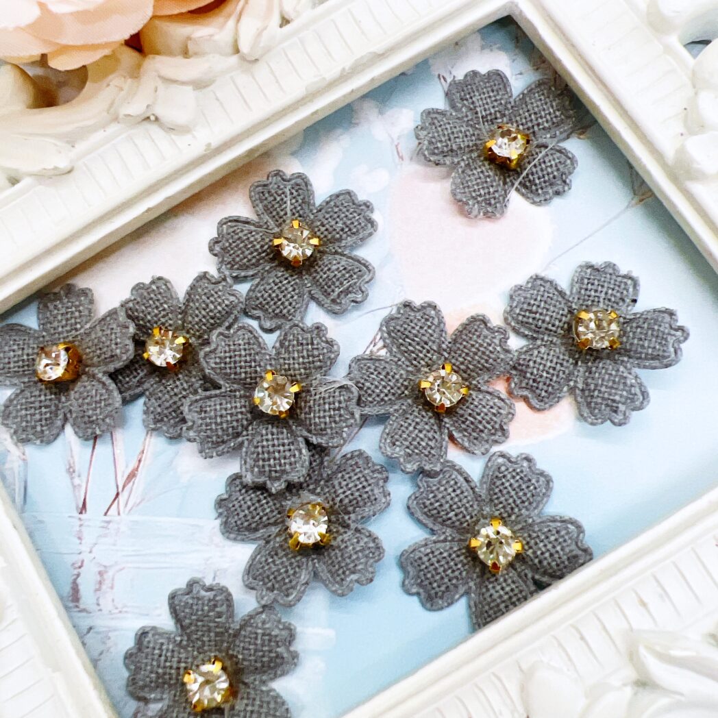 Mini fabric applique flowers with rhinestone centers for scrapbooking and card making. Sewing supplies. Journal Embellishments. Craft Embellishments.