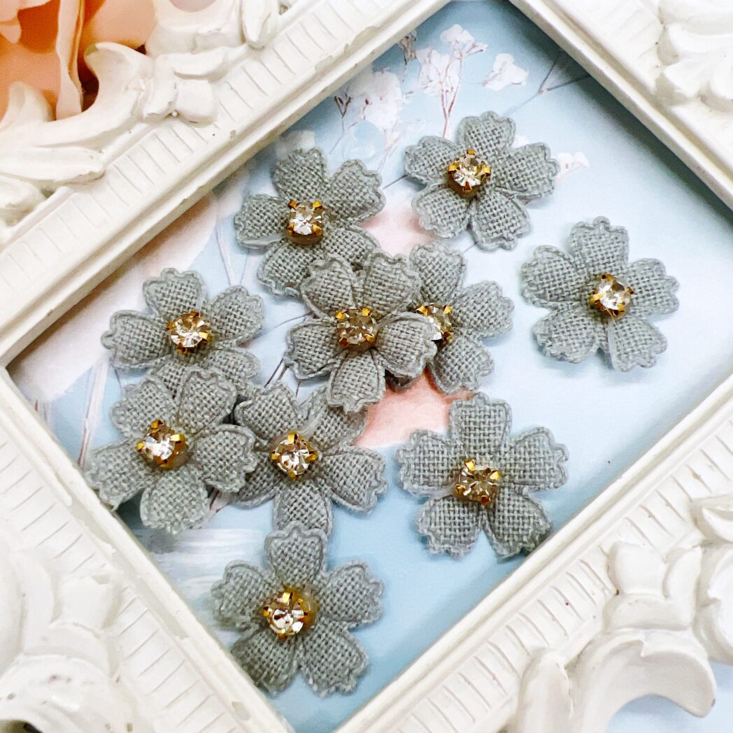 Mini fabric applique flowers with rhinestone centers for scrapbooking and card making. Sewing supplies. Journal Embellishments. Craft Embellishments.
