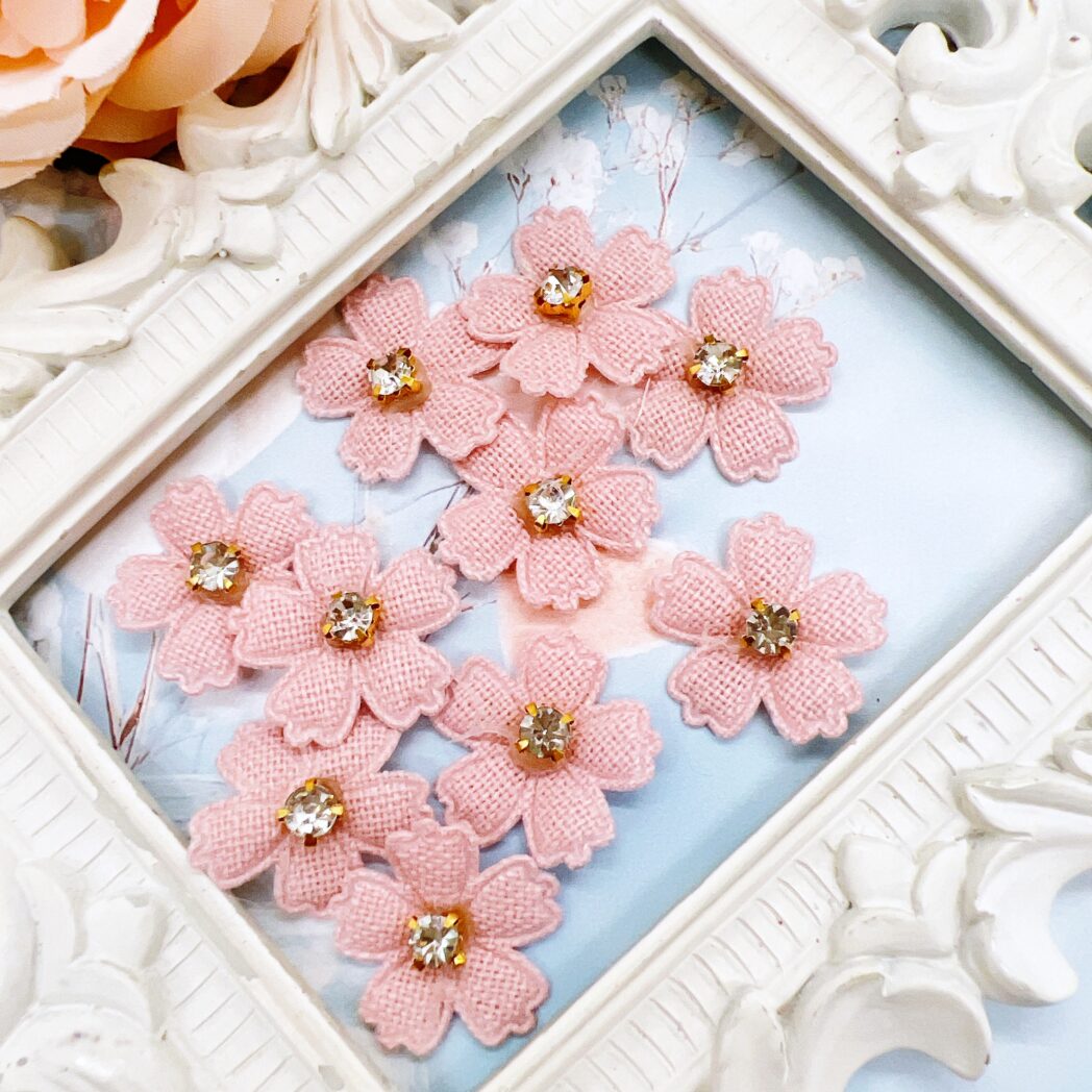 Mini fabric applique flowers with rhinestone centers for scrapbooking and card making. Sewing supplies. Journal Embellishments. Craft Embellishments.
