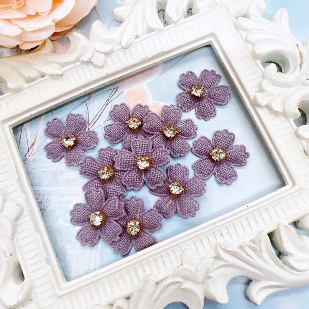 Mini fabric applique flowers with rhinestone centers for scrapbooking and card making. Sewing supplies. Journal Embellishments. Craft Embellishments.