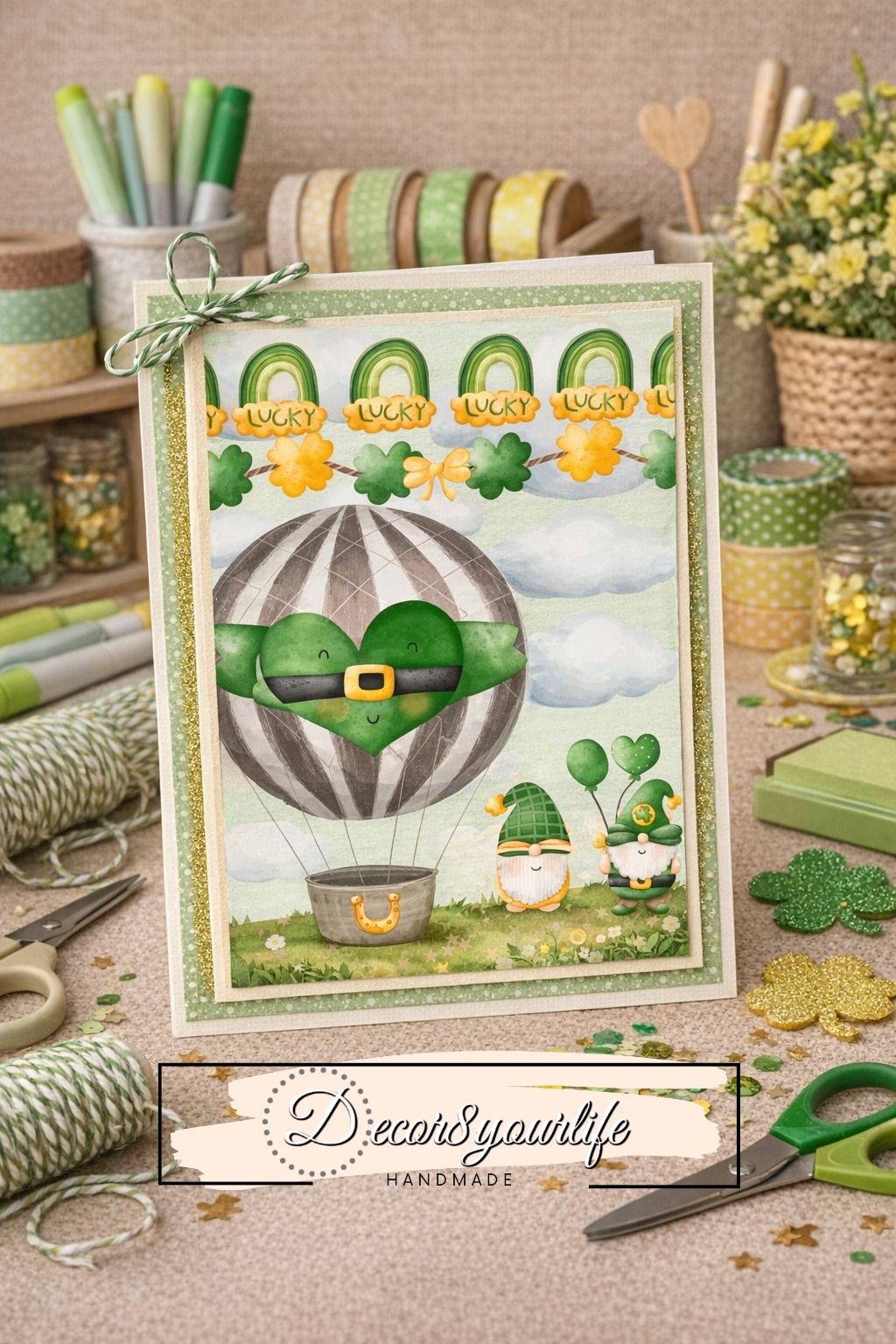 Card making idea using St Patrick’s Day scrapbook paper pack "Lucky You" collection by Decor8yourlife. green clover, gnome paper for card making, scrapbooking, journaling, planners and other paper crafts.