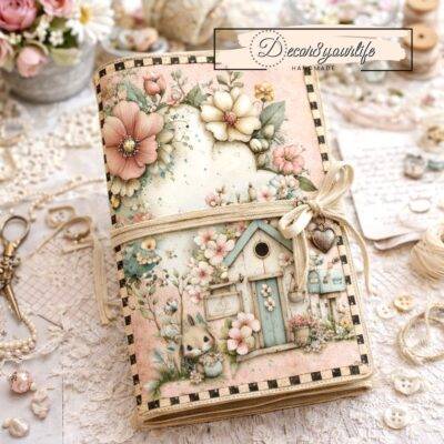 Handcrafted shabby chic traveler’s notebook featuring a vintage Easter bunny cottage cover made with the Nestled in Spring digital paper collection by Decor8yourlife, styled on a cozy spring craft desk with lace, buttons, and soft pastel accents.