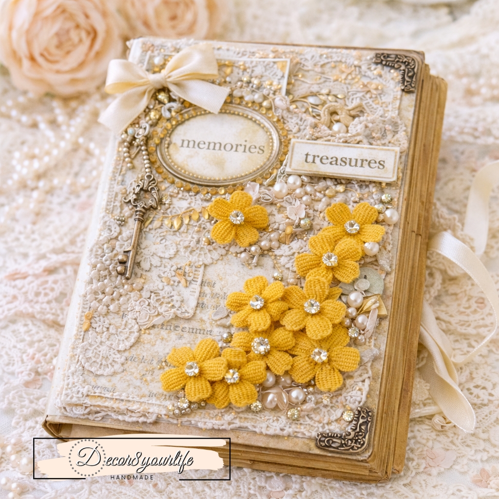 Handmade junk journal using flower embellishments from Decor8yourlife store.