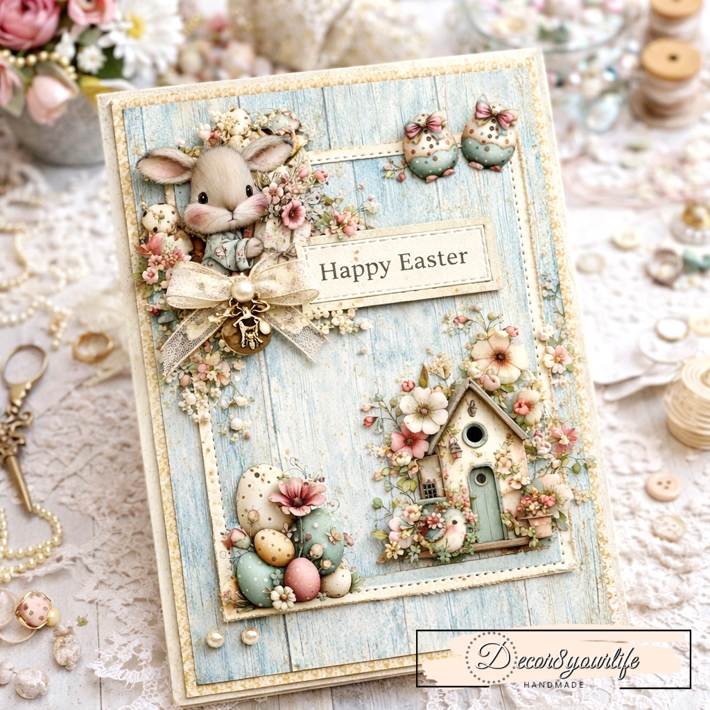 Handmade vintage Easter card featuring a soft blue woodgrain background, a pastel bunny holding flowers, decorated Easter eggs, floral birdhouse, lace ribbon, pearls, and a Happy Easter sentiment.