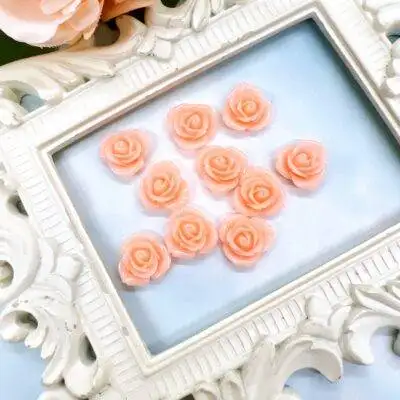 resin flower embellishments with peach centers displayed on soft blue background inside ornate white vintage frame