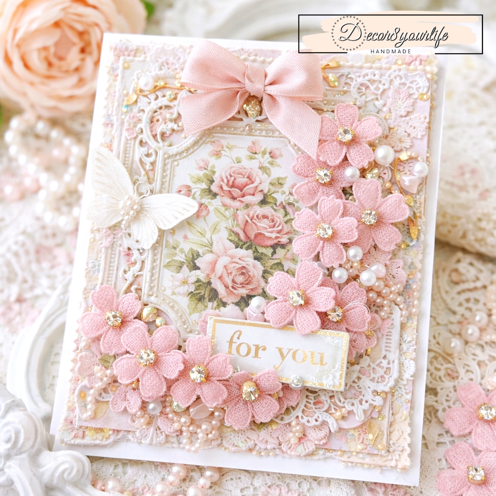 Handmade card using embellishments from online craft store Decor8yourlife. DIY shabby chic supplies.