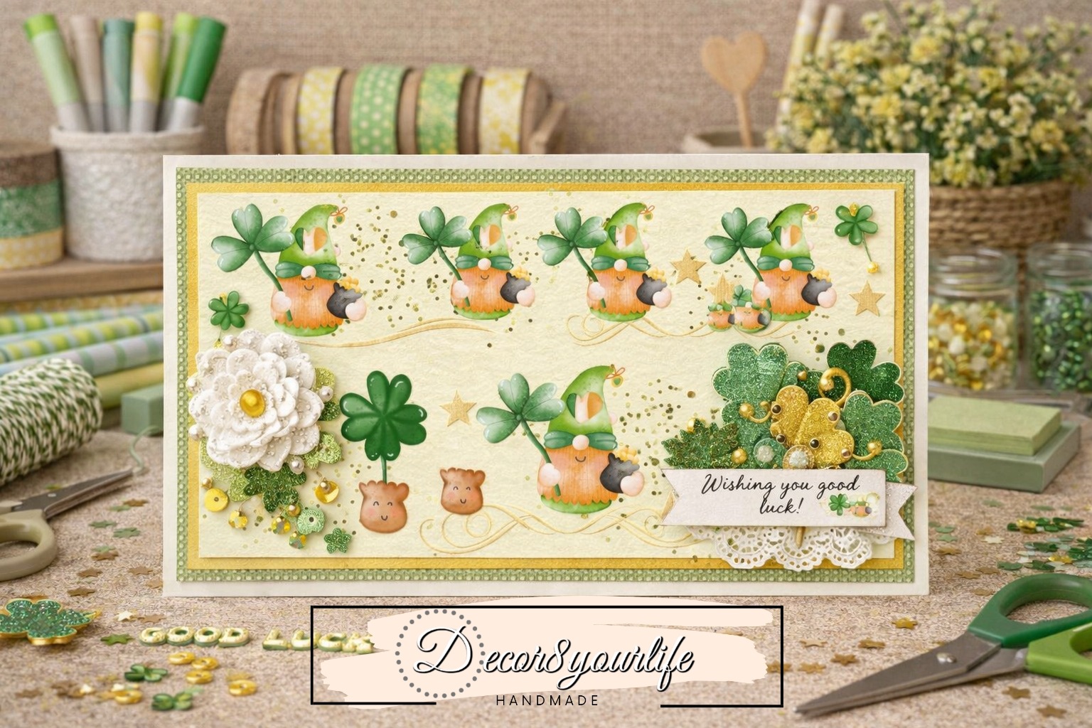 Card making idea using St Patrick’s Day scrapbook paper pack "Lucky You" collection by Decor8yourlife. green clover, gnome paper for card making, scrapbooking, journaling, planners and other paper crafts.